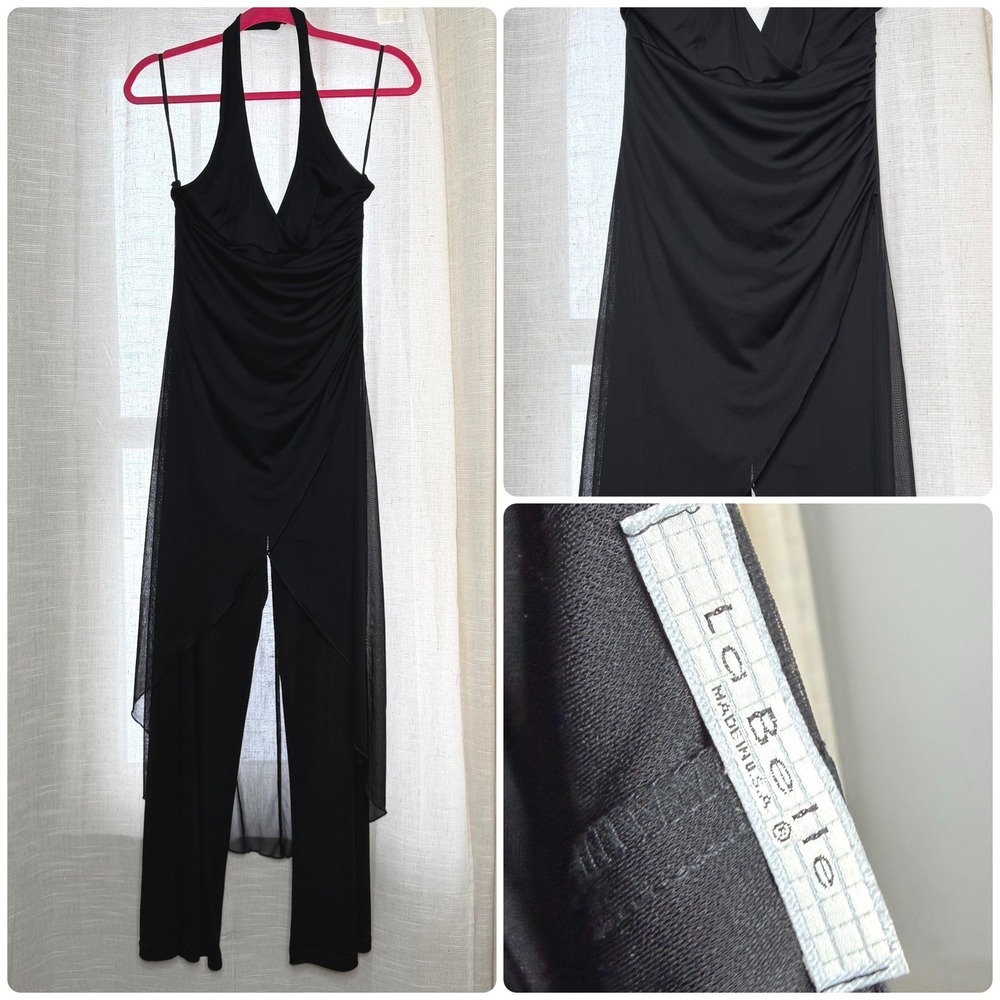 90s Y2K La Belle Wide Leg Halter Jumpsuit Black Mesh Ruched Vintage Goth Medium